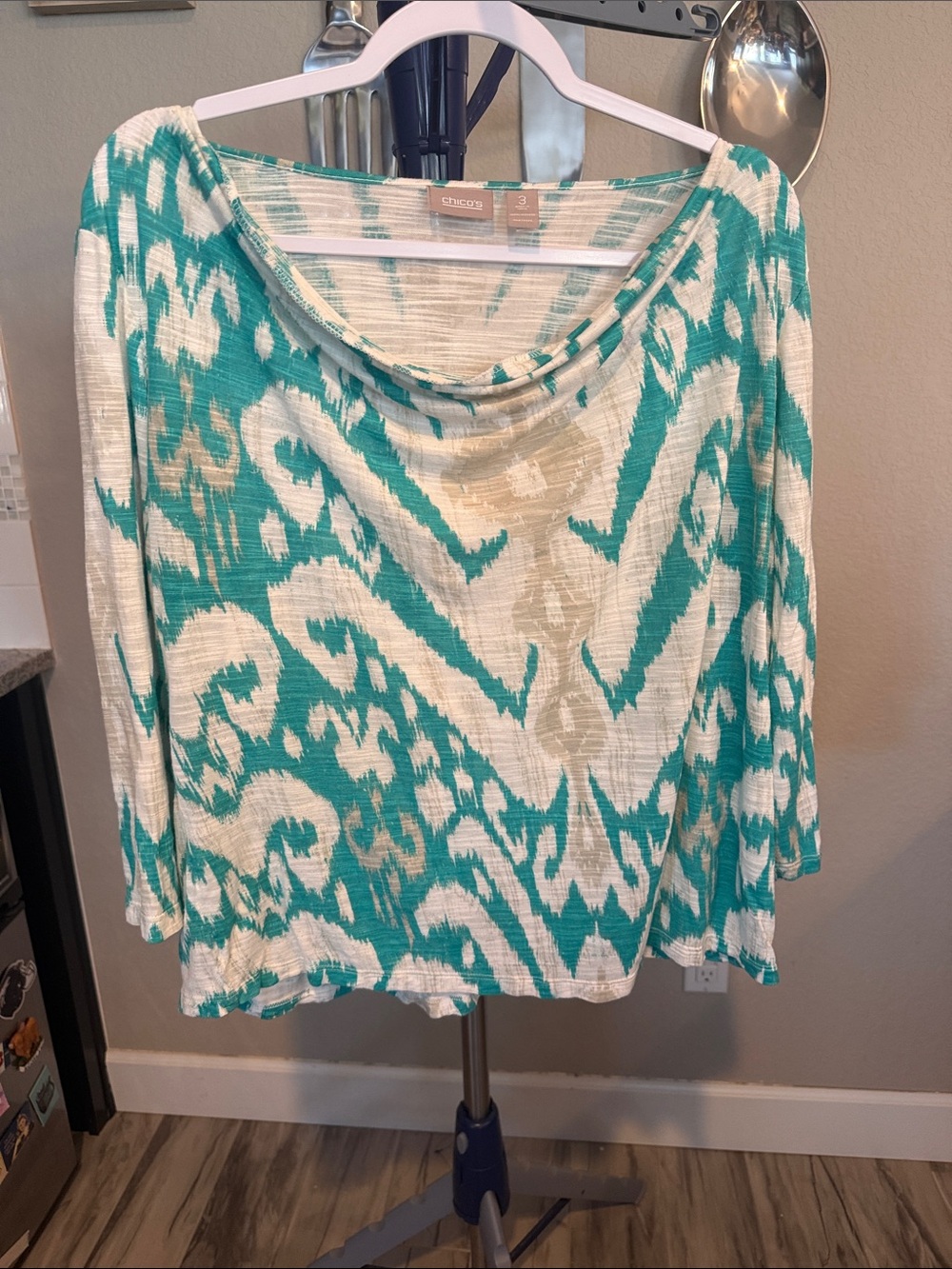 Chico's Draped-Neck 3/4 length Sleeve Top. Size 3